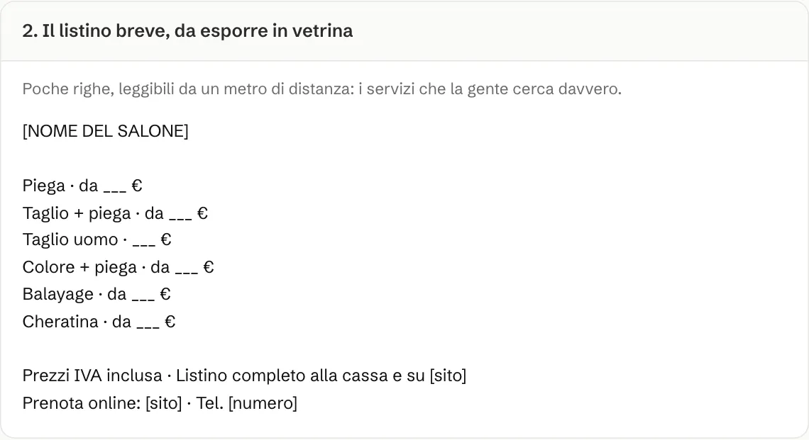 Modello di listino prezzi per parrucchiere da esporre in vetrina: piega, taglio, colore, balayage e cheratina, IVA inclusa